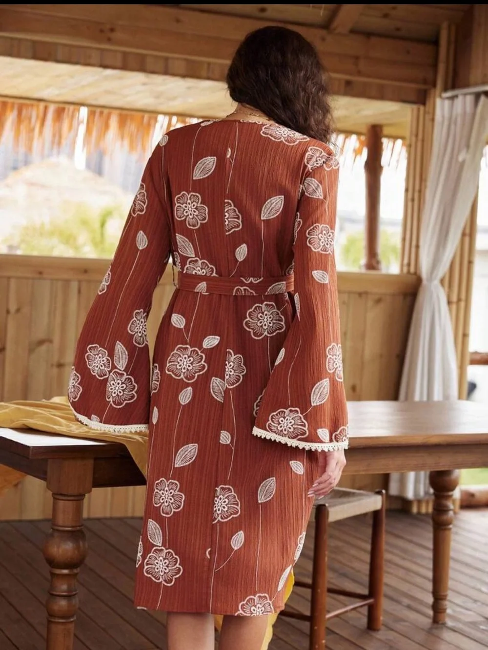 Boho Bohemian Floral Print Women Robe Casual Loungewear Rust New